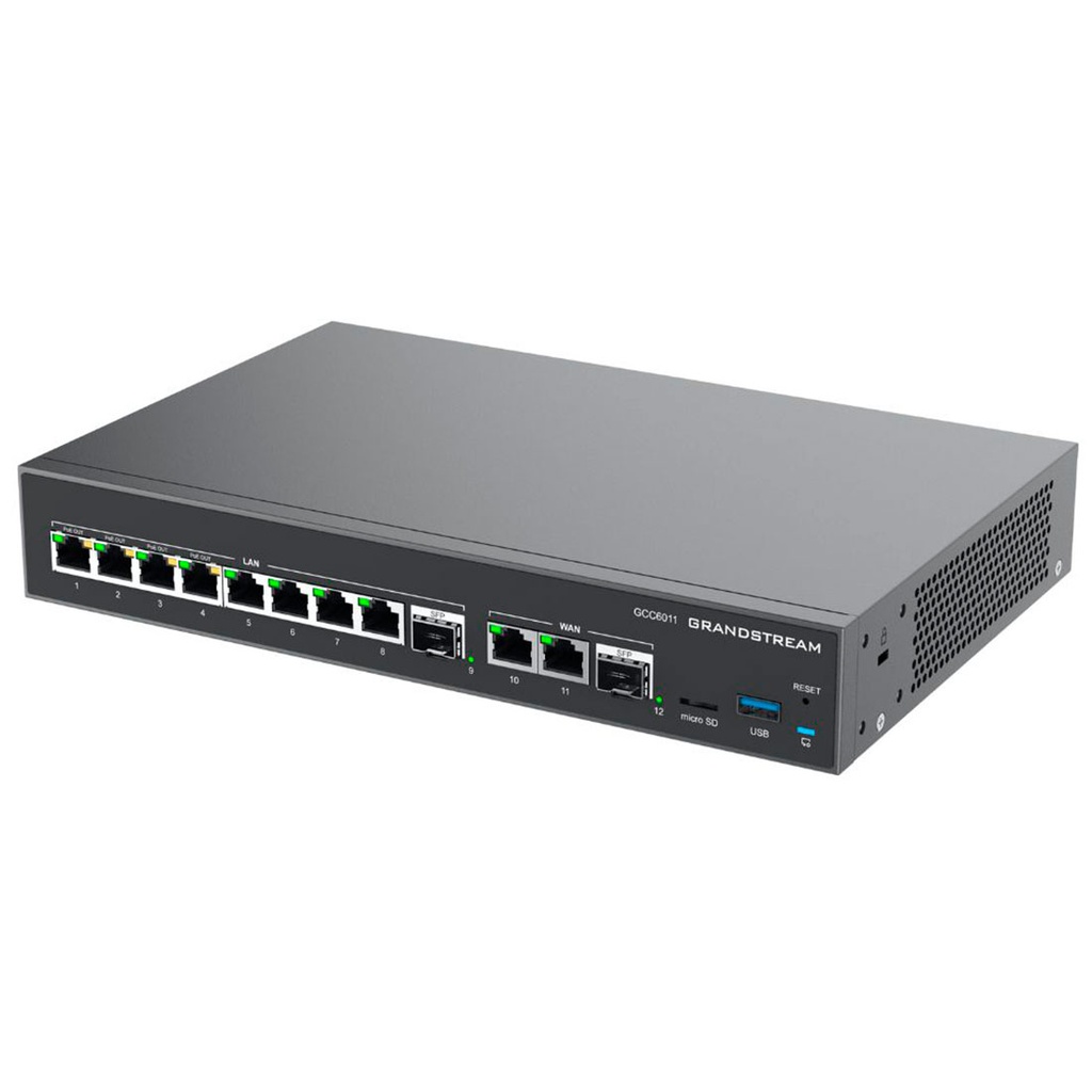 GCC6011, Dispositivo 4 en 1, Conmutador IP, Firewall, Ruteador VPN y Switch, 10xGigaEth, 4xPoE, 2xSFP y 1 USB