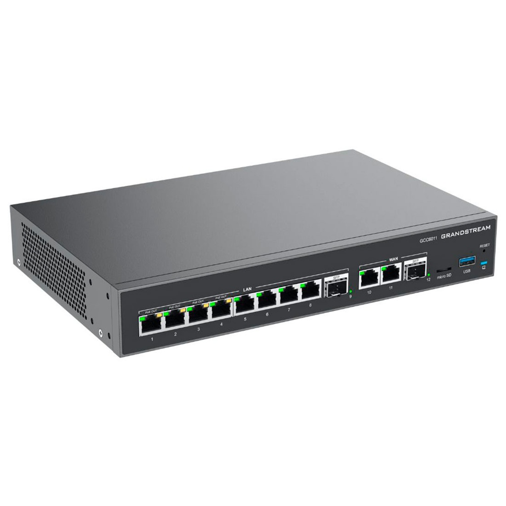 GCC6011, Dispositivo 4 en 1, Conmutador IP, Firewall, Ruteador VPN y Switch, 10xGigaEth, 4xPoE, 2xSFP y 1 USB