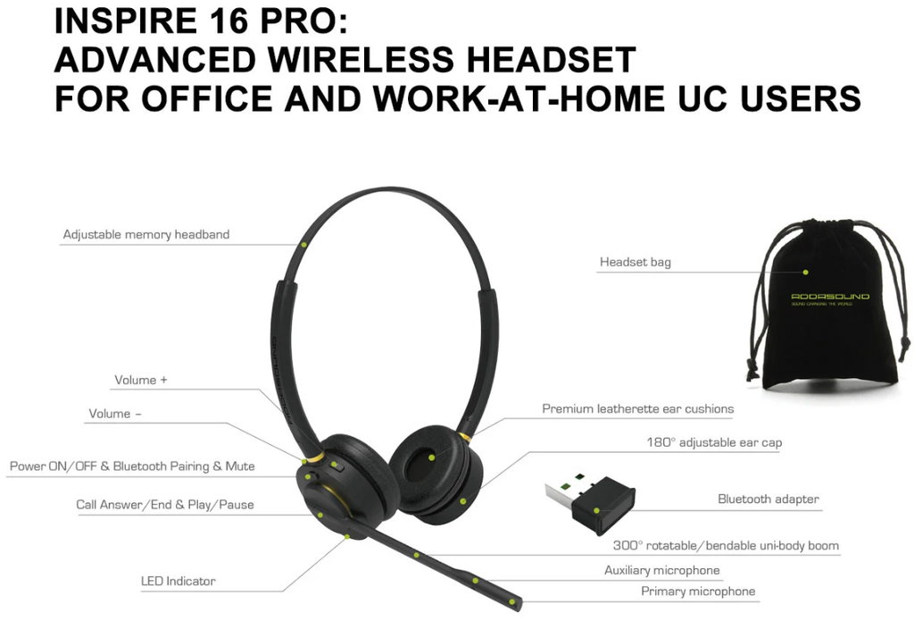 INSPIRE 16PRO, Diadema Binaural Profesional Bluetooth, cancelación ruido y eco avanzada, 30 mts de alcance, adaptador USB-BT