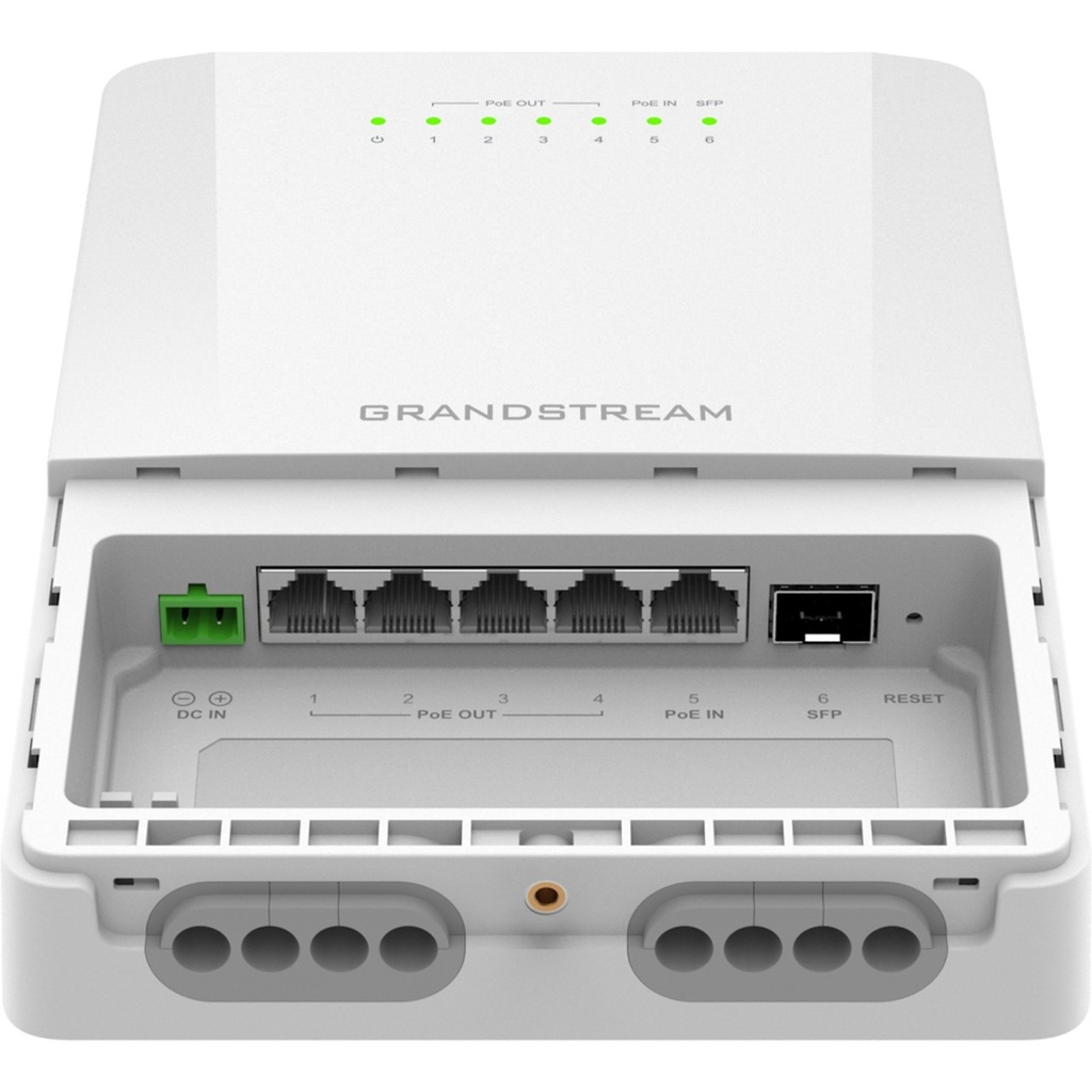 GWN7710R, Switch Administrable capa 2-lite, exteriores IP66, 5 x GigaEth, 4 x PoE out at/af o pasivo y 1 In, 1 x SFP