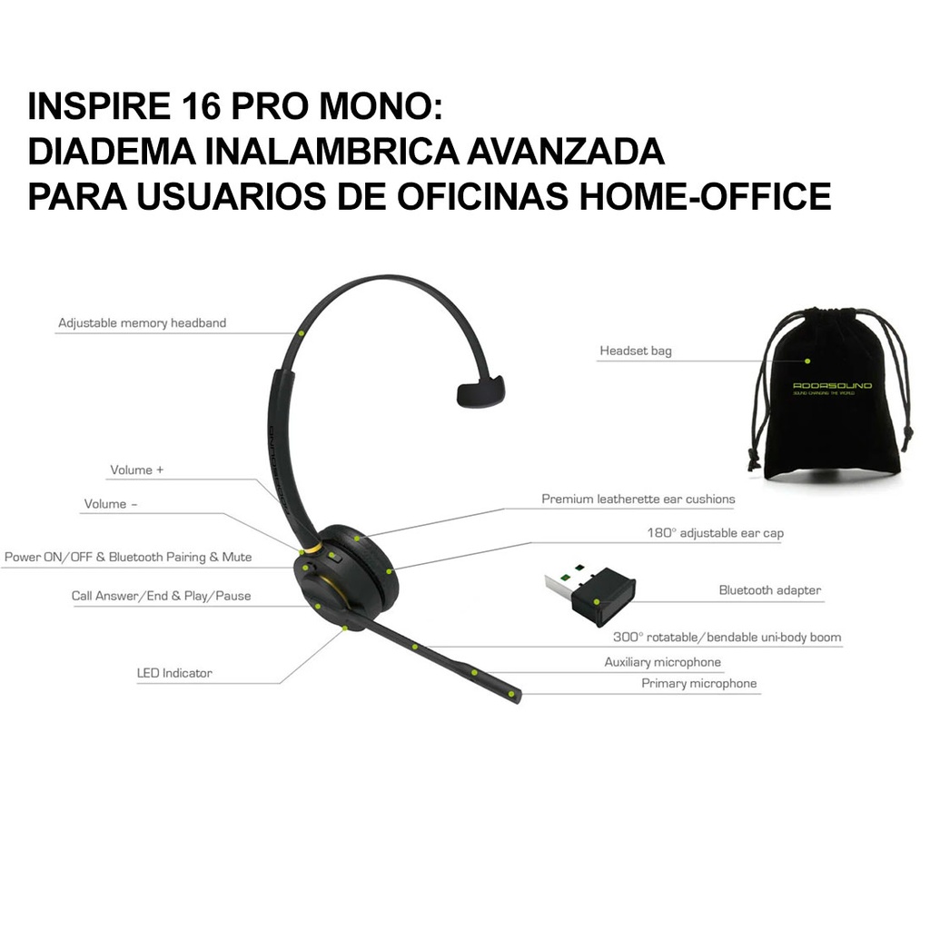 INSPIRE 16PRO-MONO, Diadema Bluetooth Monoaural Profesional, cancelación ruido, 30 mts, adaptador USB-BT