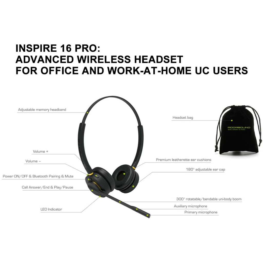 INSPIRE 16PRO-S-D, Diadema Bluetooth Binaural Profesional, cancelación ruido, 30 mts, sin adaptador USB-BT