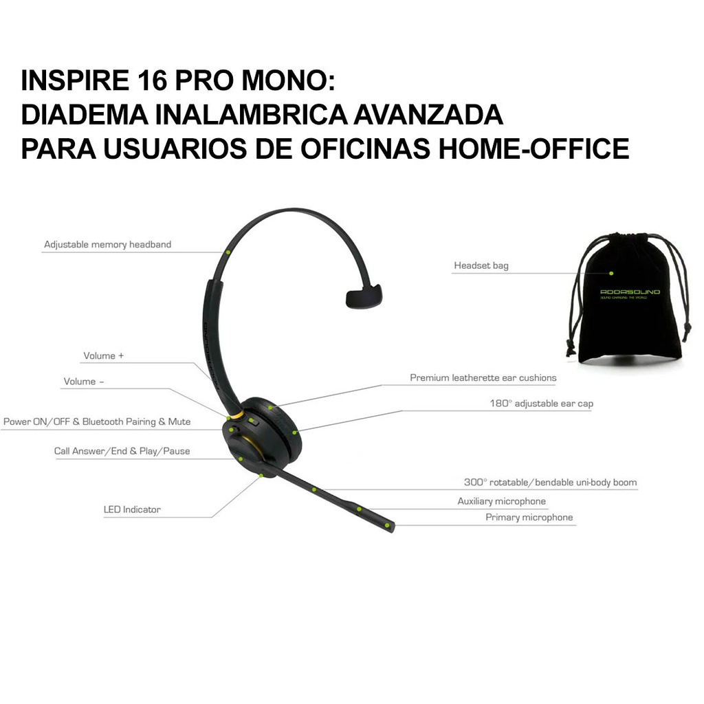 INSPIRE 16PRO-MONO-S-D, Diadema Bluetooth Monoaural Profesional, cancelación ruido, 30 mts, Sin adaptador USB-BT