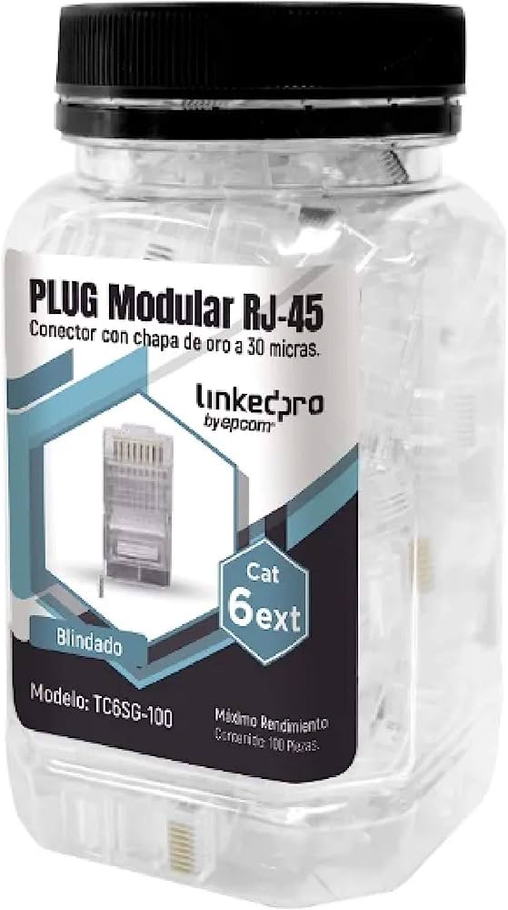 TC6SG-100, Bote con 100 Piezas de Plug Modular RJ45 Cat6 blindado con pin de tierra, chapado de oro a 30 micras para durabilidad extrema