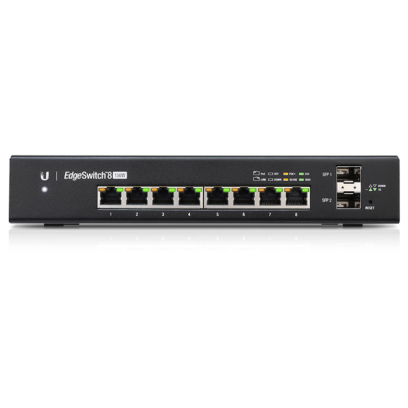 ES-8-150W, EdgeSwitch PoE 802.3at/af y PoE 24V, 8 x GigaEth, 2 x SFP, 150w. Para escritorio