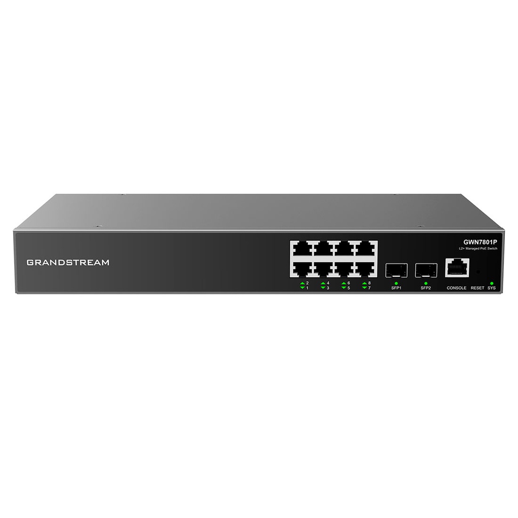 GWN7801P, Switch PoE Administrable capa 2, 8 x GigaEth PoE/PoE+ y 2 x Giga SFP. 150w, 30w máx puerto PoE