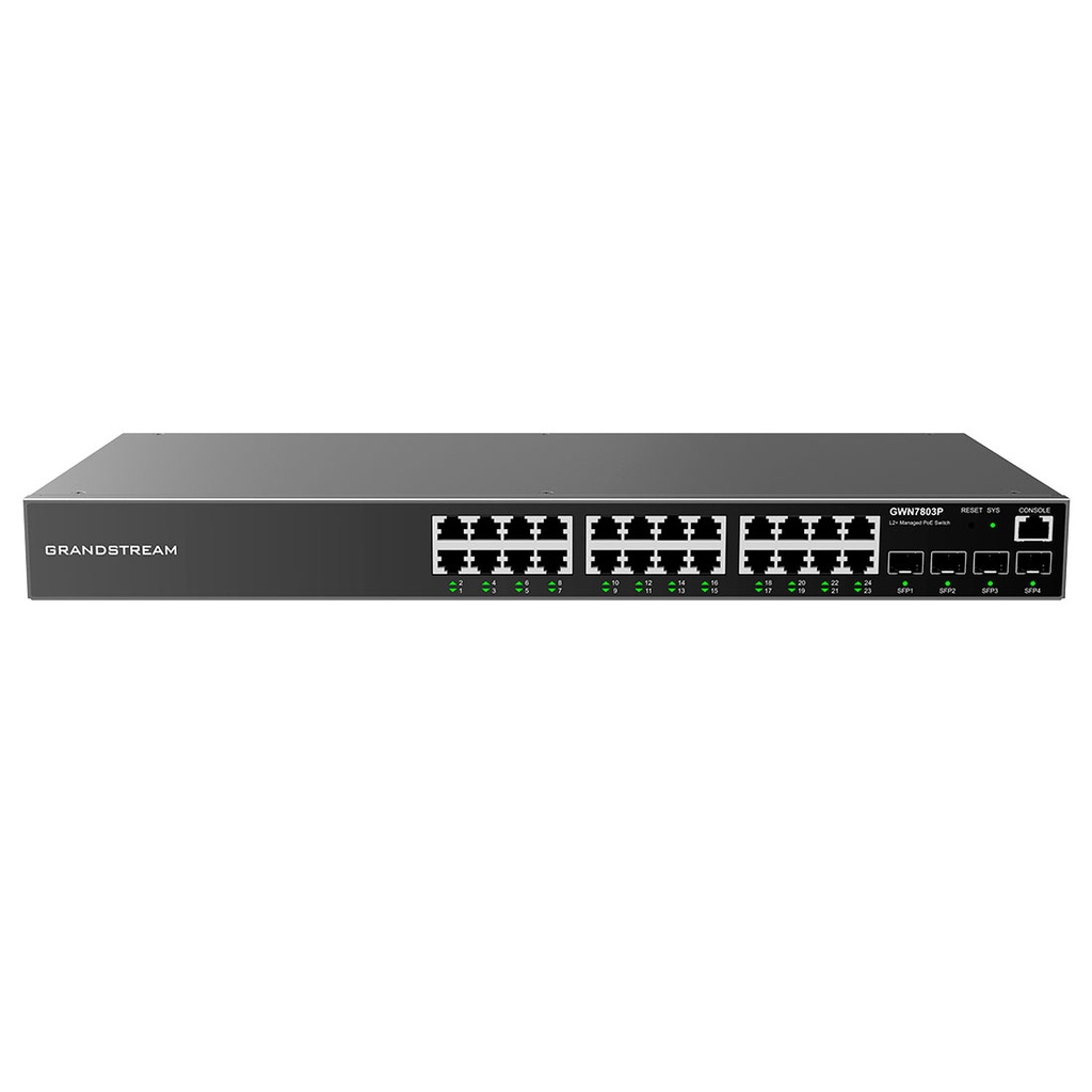 GWN7803P, Switch Administrable capa 2, 24 x GigaEth PoE/PoE+ y 4 x Giga SFP, 400w, 30w máx puerto PoE