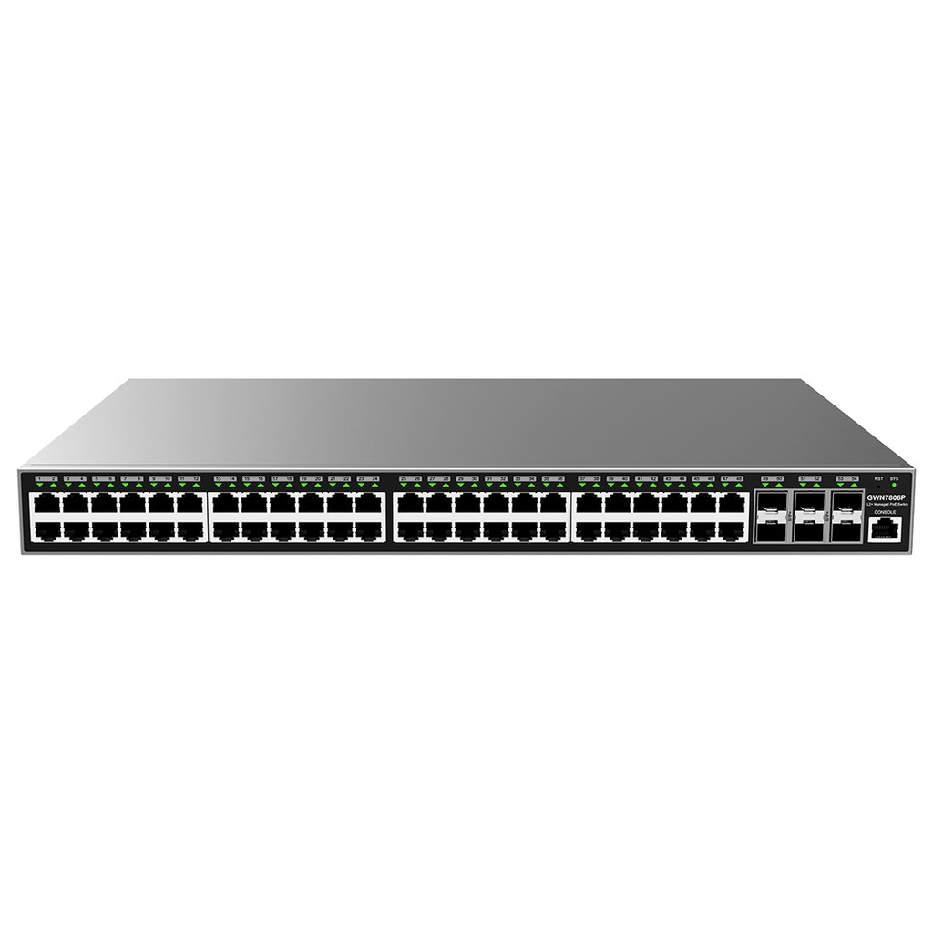 GWN7806P, Switch PoE Administrable capa 2, 48 x GigaEth PoE/PoE+ y 6 x Giga SFP+, 470W