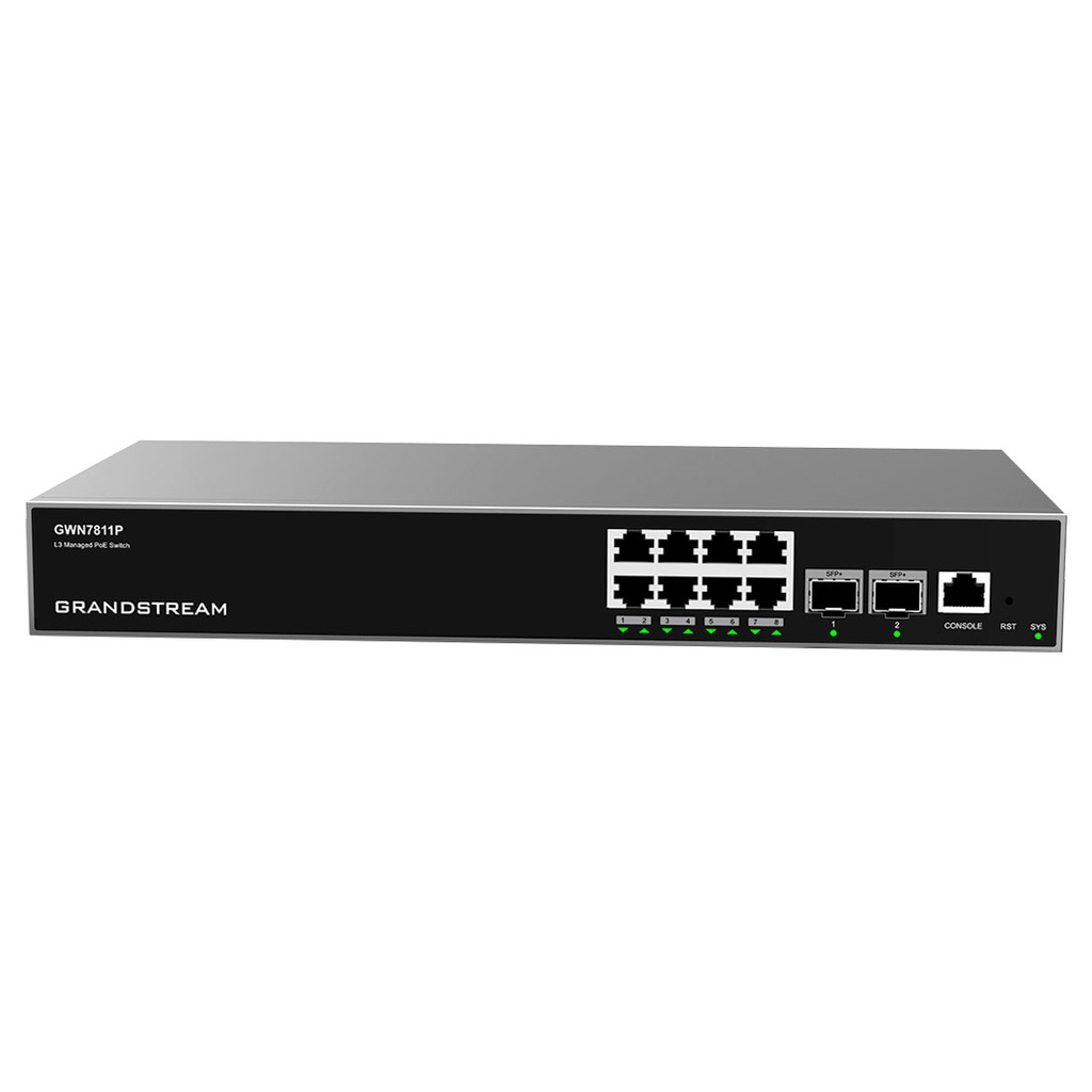 GWN7811P, Switch PoE Administrable capa 3, 8 x GigaEth PoE y 2 x 10 Giga SFP+, 120w