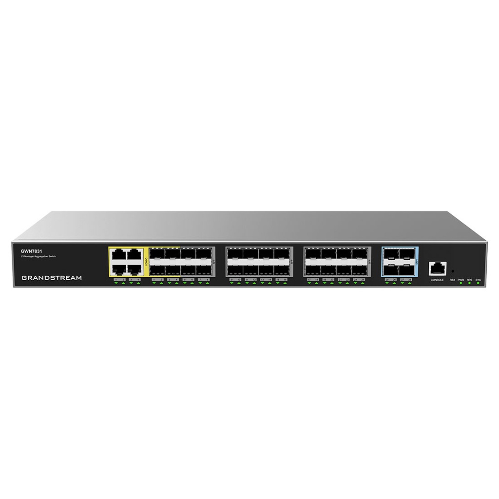 GWN7831, Switch de agregación Administrable capa 3, 4 x Combo, 24 x Giga SFP, 4 x 10 Giga SFP+