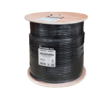 107-1032BK/R11, Blindaje estándar RG11, conductor sólido 14 AWG,  60 % trenzado  CL2, CM, cubierta de PVC, carrete de madera de 1000', negro