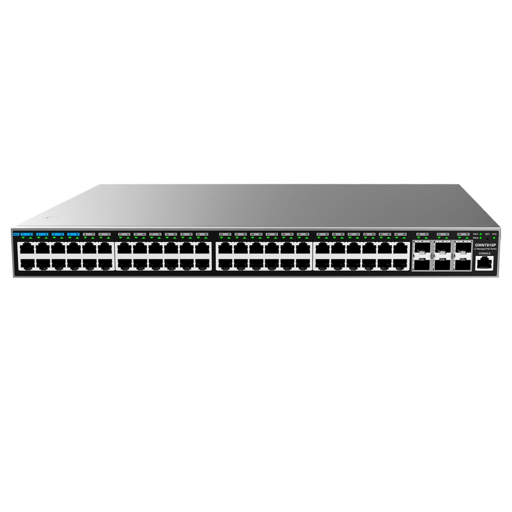 GWN7816P, Switch Administrable capa 3, 48 x GigaEth PoE y 6 x 10 Giga SFP+, fuente de 920w