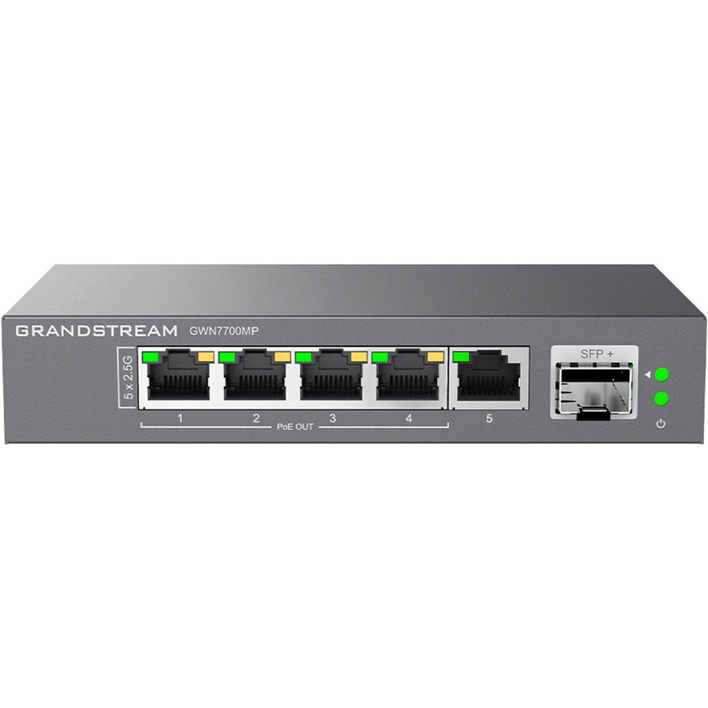 GWN7700MP, Switch No Administrable, 5 x 2.5GEth, 4 x PoE af/at hasta 30w, 1× SFP+, fuente 60w