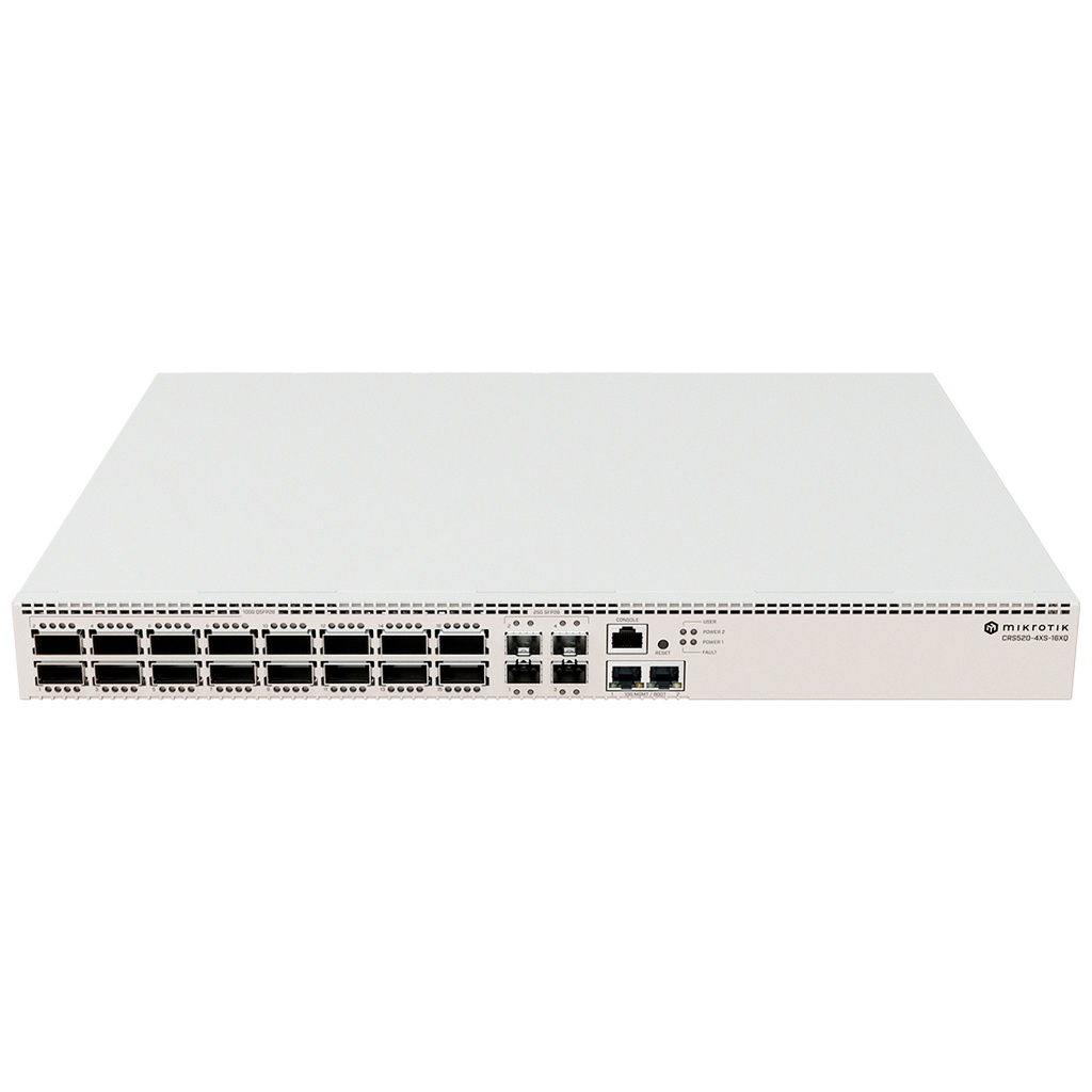 CRS520-4XS-16XQ-RM, Switch CPU 4CORE 2Ghz, RAM 4GB, 16x100 Gigabit QSFP28, 4x25 Gigabit SFP28, RouterOS L5