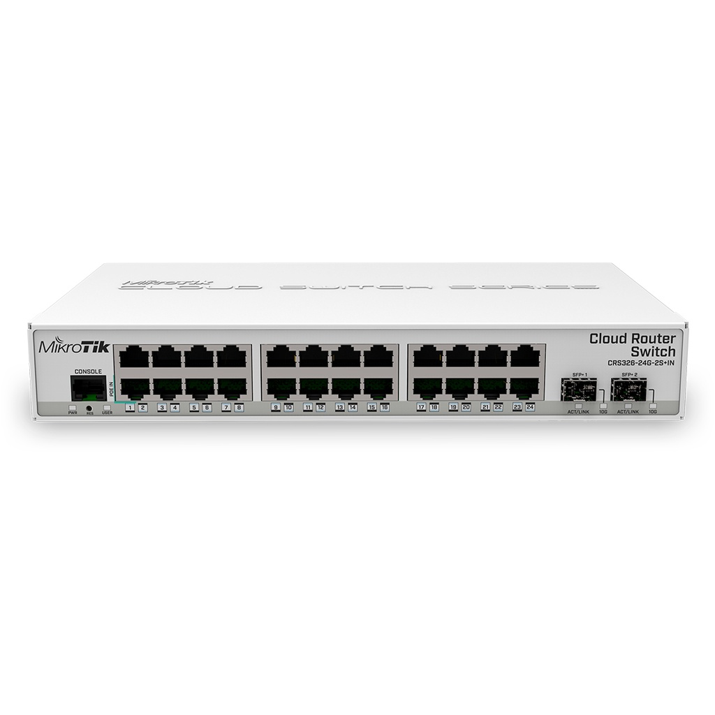 CRS326-24G-2S+IN, CPU 800Mhz, RAM 512MB, 24 x GEth, 2 x SFP+, 512MB RAM, RouterOS/SwitchOS